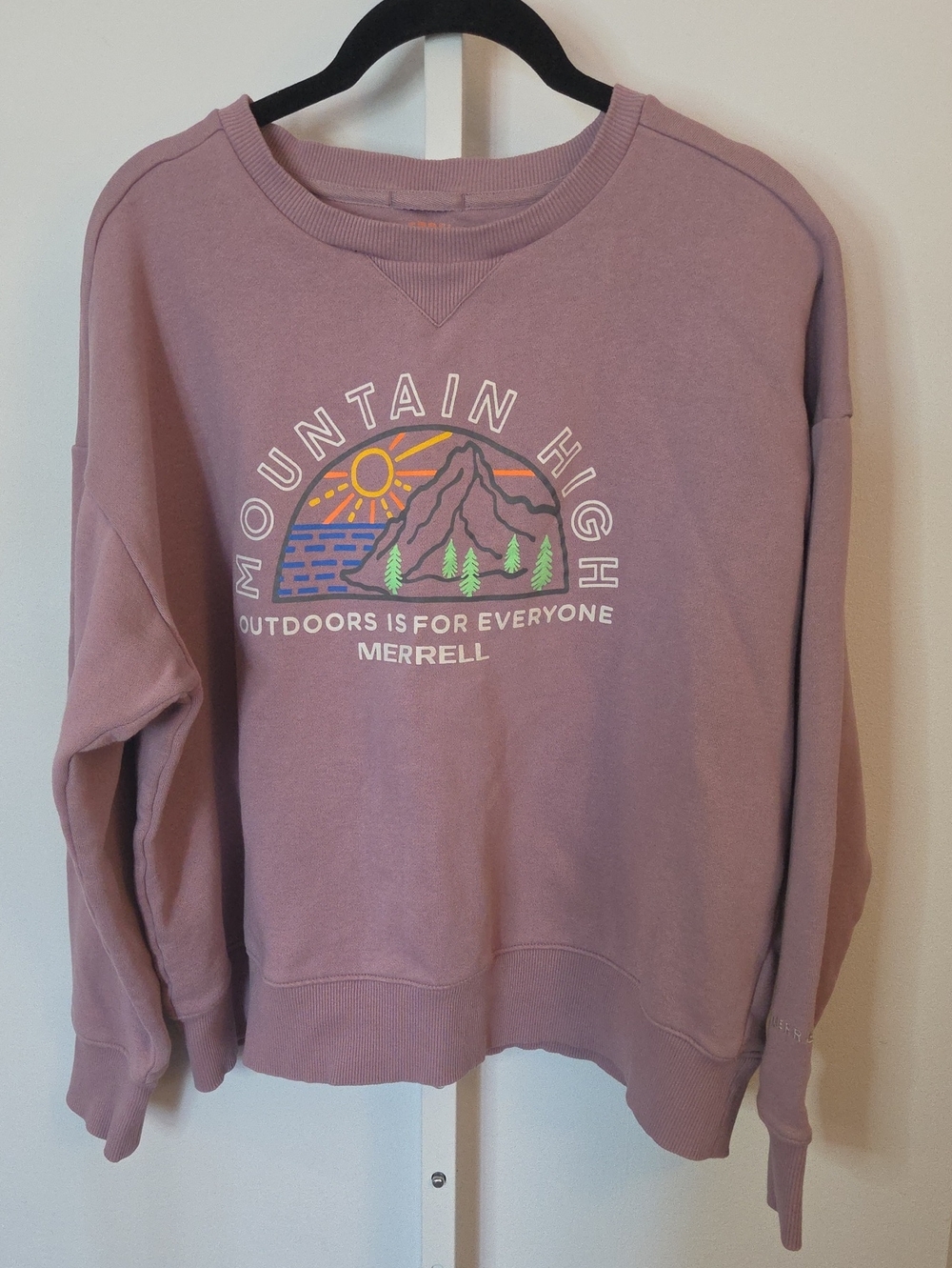 Merrell Mountain High Light Purple Graphic Mountains Sun Pine Tree Sweater XL